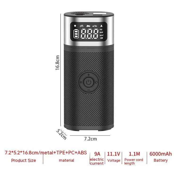 Black portable wireless air pump with USB charging cable and multiple nozzle attachments including bicycle, ball, and swimming ring connectors