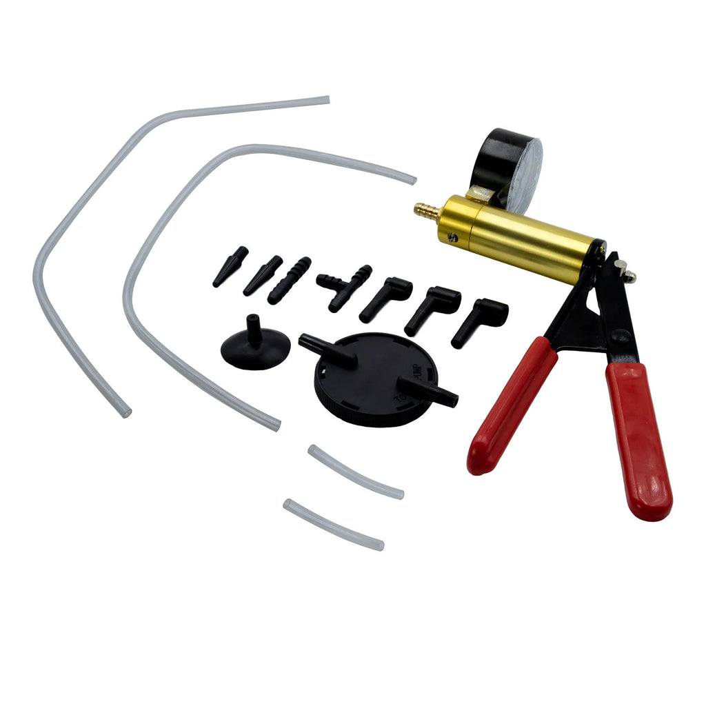 Manual aluminium alloy vacuum air blow gun suction tool for car repair on a workshop bench.
