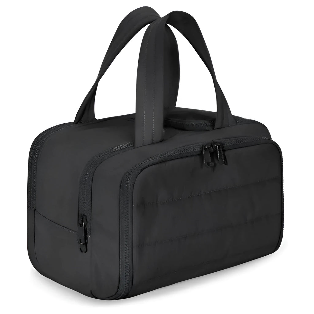 Large polyester travel toiletry bag with wide opening showing interior organisation space