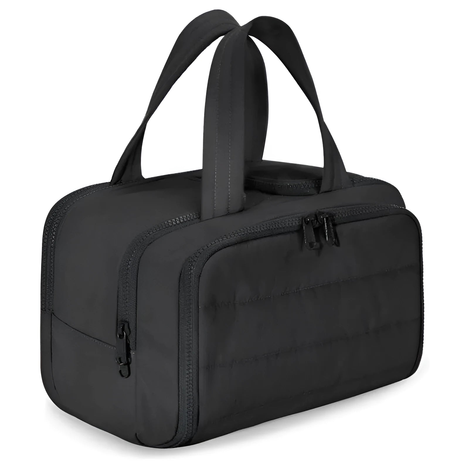 Large polyester travel toiletry bag with wide opening showing interior organisation space