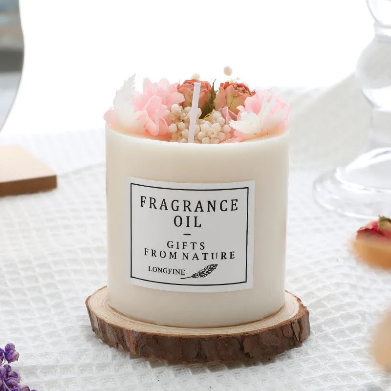 330g aromatherapy candle with embedded dried flowers, available in nine fragrances with optional gift box and wooden base