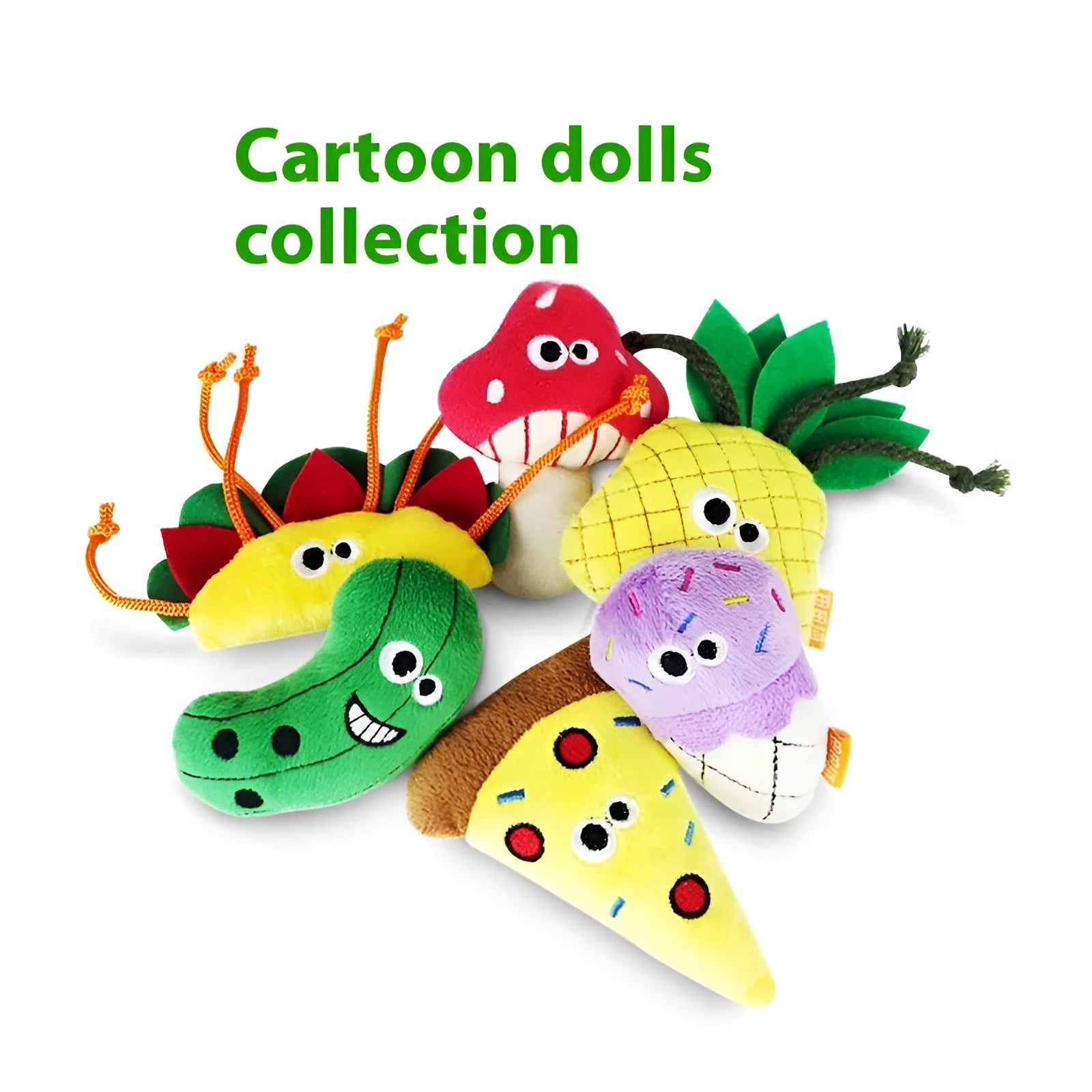 Polygonum multiflorum wooden cat chew toys in burrito, cone, cucumber, mushroom, pineapple, and pizza shapes with catnip plush