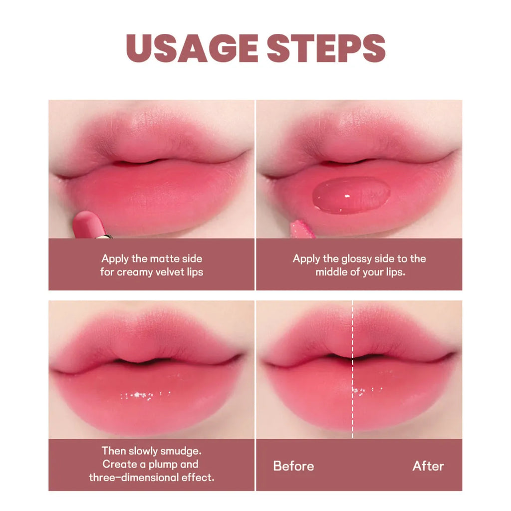 Double-headed lipstick case showing matte finish on one end and lip gloss on the other