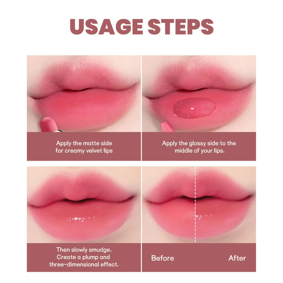 Double-headed lipstick case showing matte finish on one end and lip gloss on the other