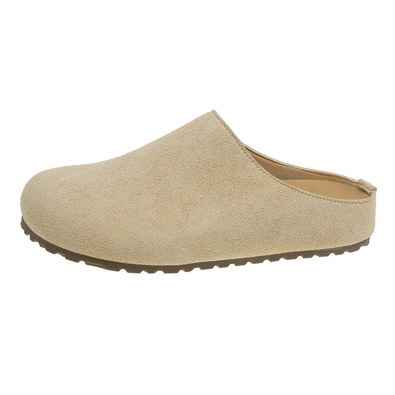 Korean style square toe outdoor slippers in apricot colour with microfiber upper and PU sole