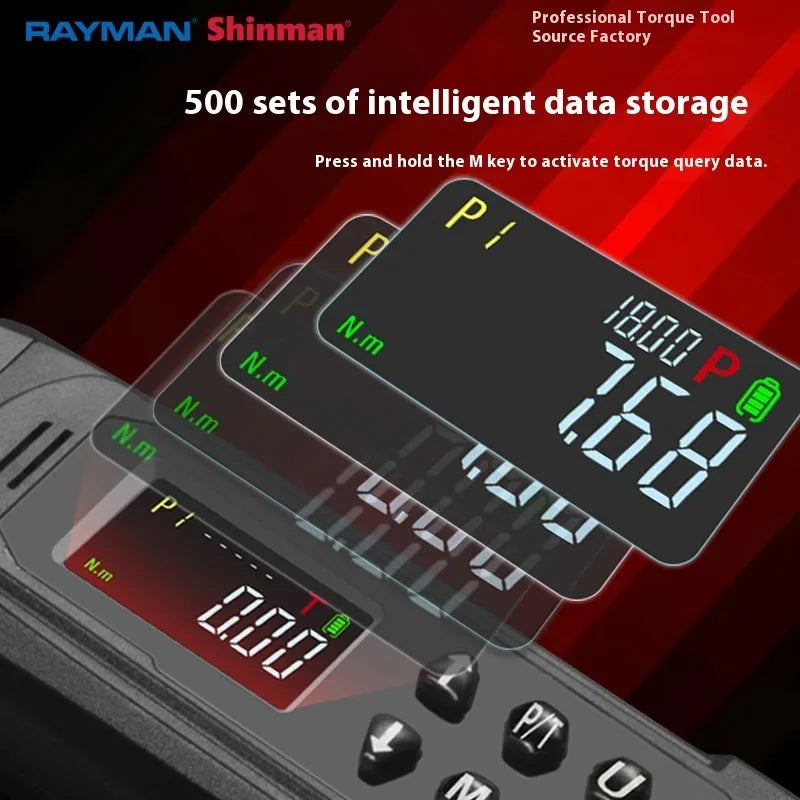 Electronic digital torque wrench with display showing torque measurement and chrome-vanadium steel construction