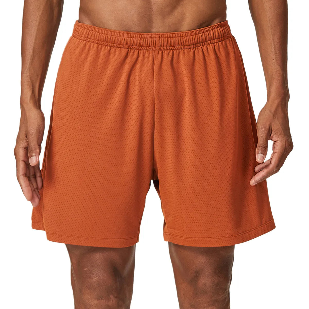 Men's quick-drying nylon running shorts in sky green, shown with mid-waist and short length design.