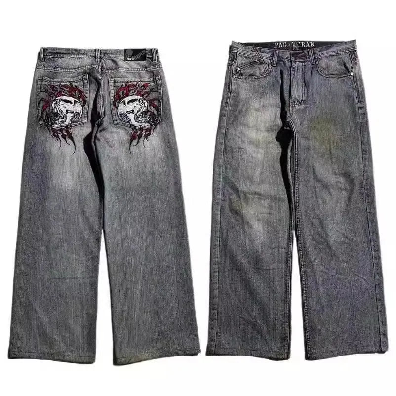 Grey washed-out men's wide-leg straight jeans with a mid-waist and zipper fly.