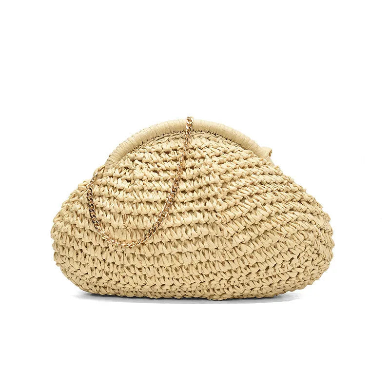 Khaki shell-shaped straw shoulder bag for women with chain detail and an internal zipper pocket.