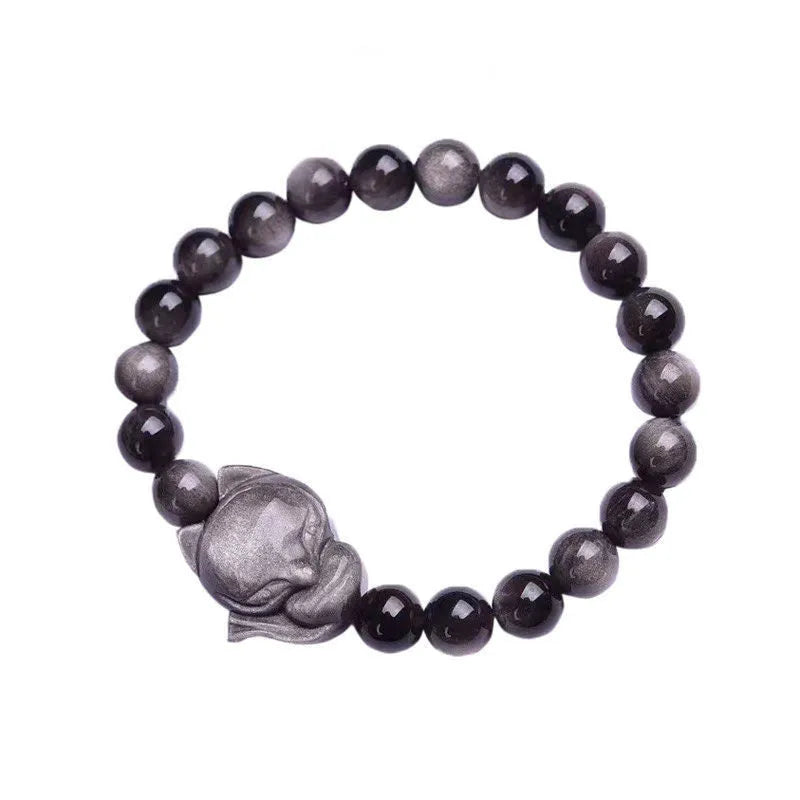 Obsidian stone bracelet with detailed fox charm on polished 8mm stone