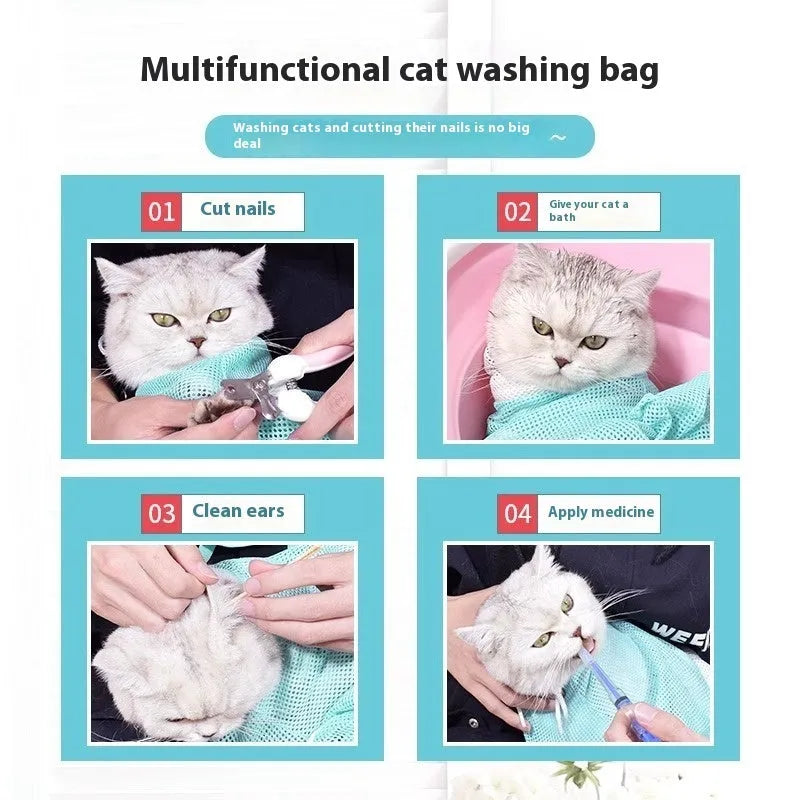 Upgraded fifth generation cat grooming restraint bag in pink and white.