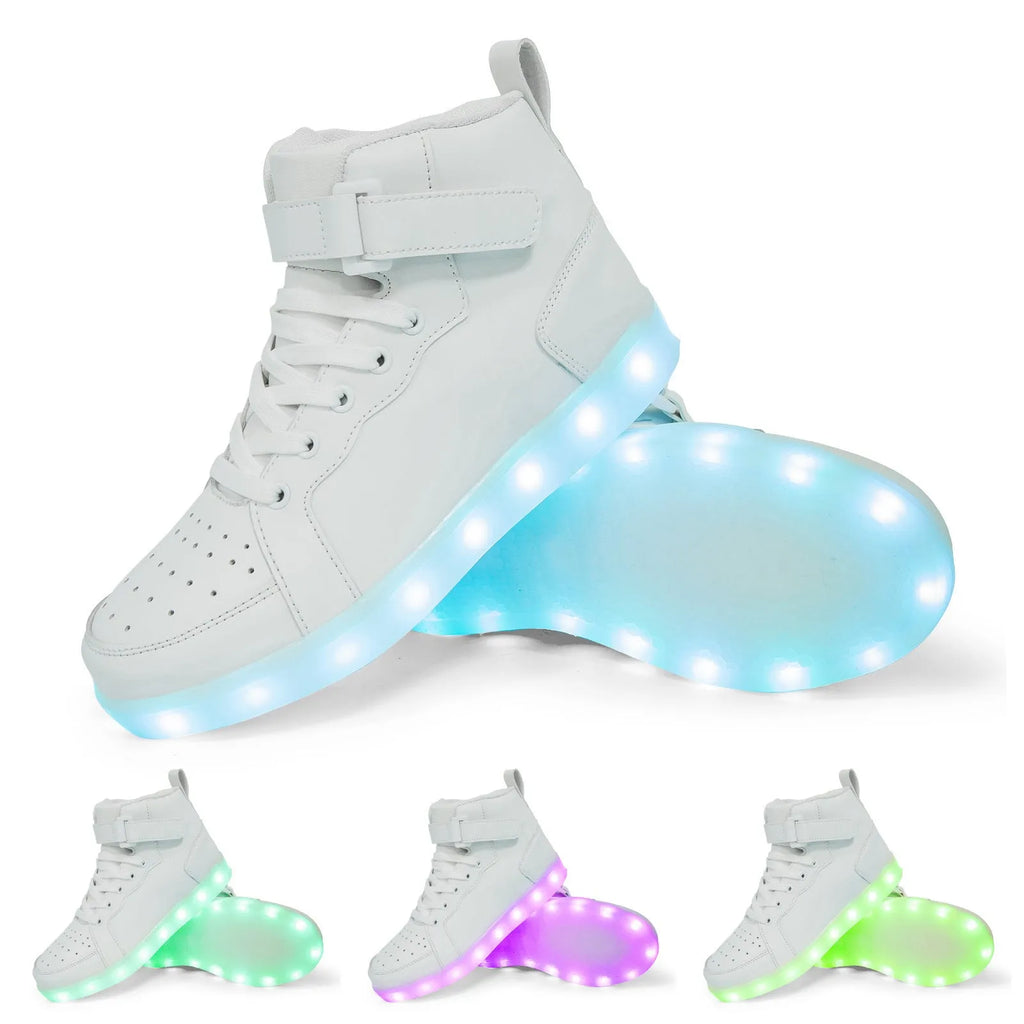 Rechargeable LED light-up high-top trainers in black with Velcro strap, glowing.