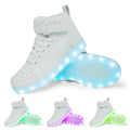 Rechargeable LED light-up high-top trainers in black with Velcro strap, glowing.