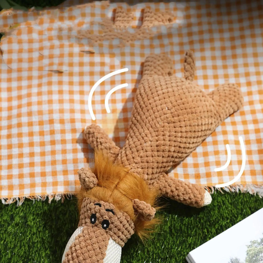 Plush dog grinding teeth toy with corn kernel texture in green, grey or yellow with squeaker