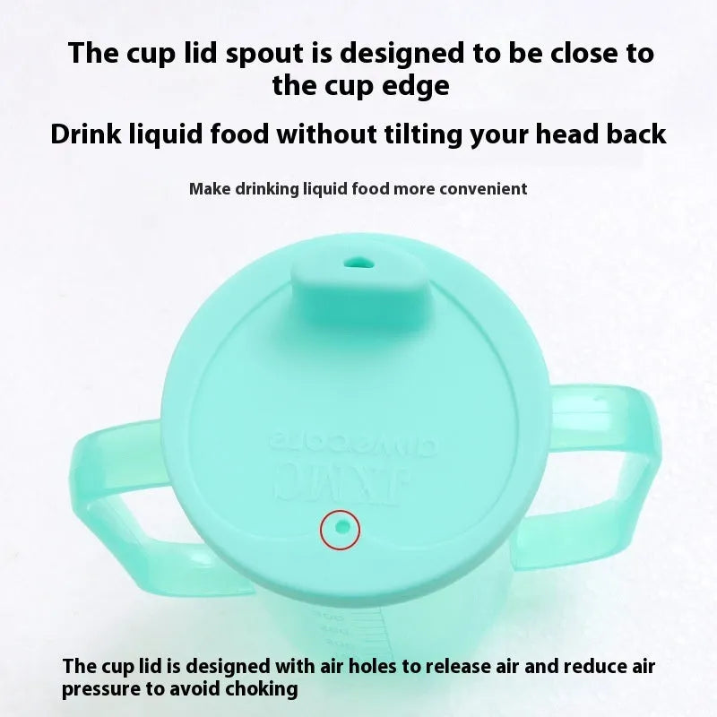 Bedside choke-proof drinking cup with slanted mouth and optional wrist strap for elderly and pregnant women