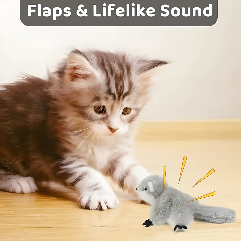 Gray flapping squirrel cat toy with USB charging cable for interactive play