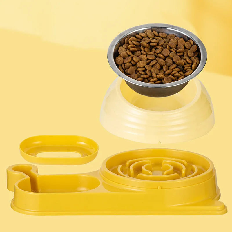 Brown elevated cat bowl with water dispenser bottle for automatic feeding