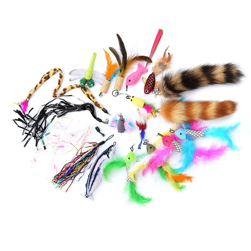 Cat teasing pole set with two handheld rods and ten feather replacement heads