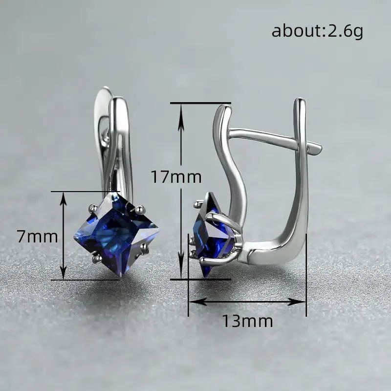 Women's copper earrings with diamond design featuring inlaid zircon in blue, green, and colour options