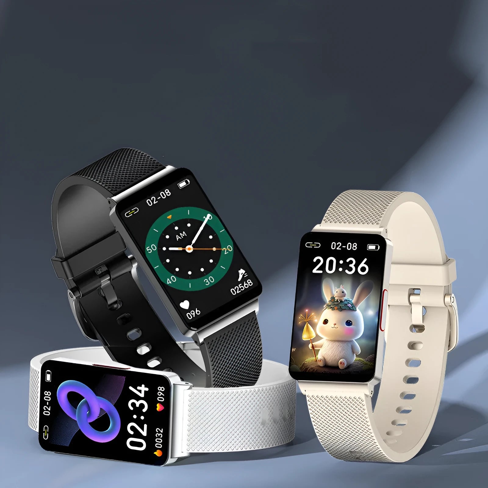 EP08 smart health bracelet with blood glucose tracking on a wrist, showing touch screen and TPU strap.