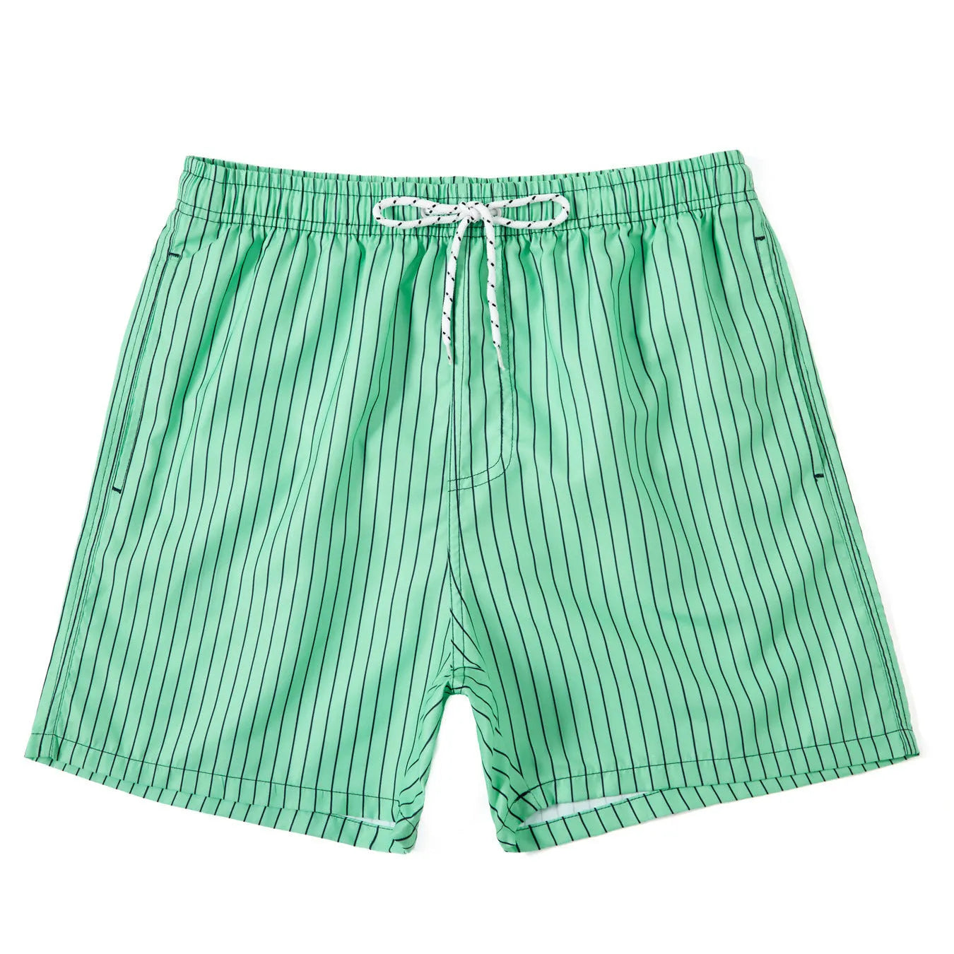 A pair of striped beach shorts in a polyester blend fabric, shown in a choice of colours with a straight leg cut.
