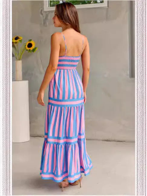 Women's striped long summer dress with square neck, backless suspender straps, and side pockets.