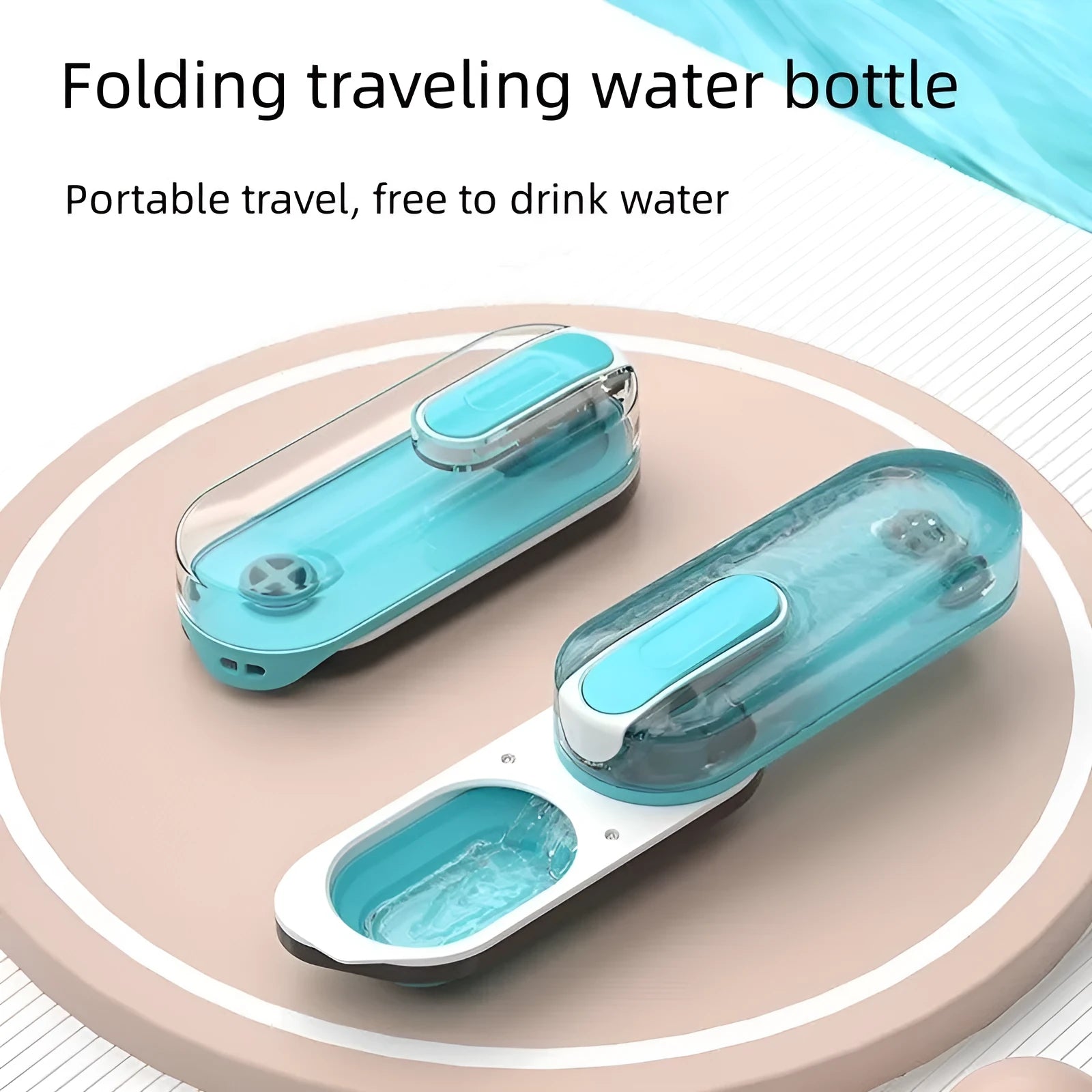 Blue portable pet water bottle with foldable silicone drinking bowl extended, showing carry handle.