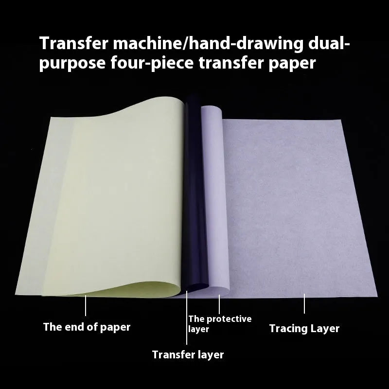 Stack of A4 tattoo transfer paper sheets with clear quadruple lines and transfer gel tube