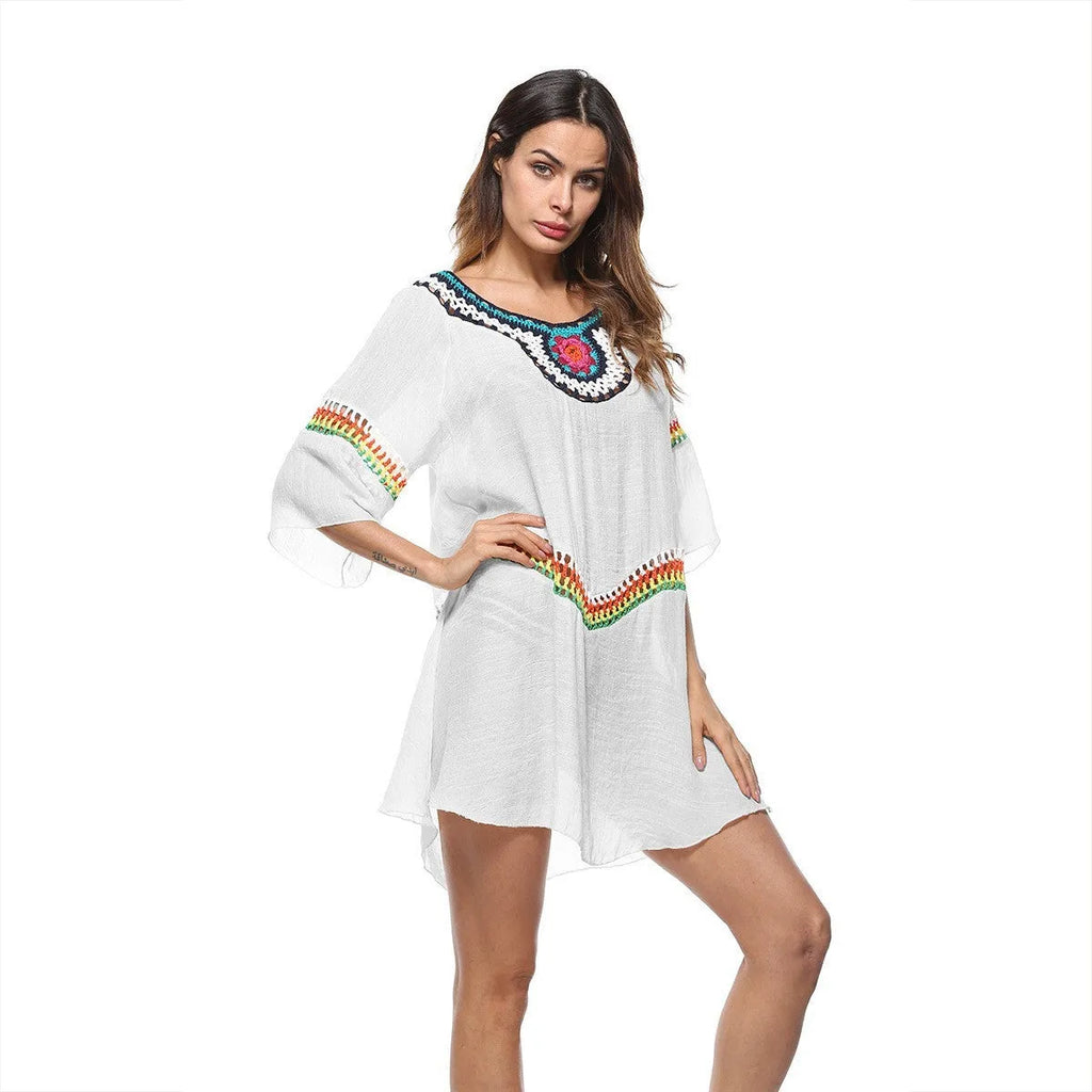 Women's crocheted ethnic style sun protection clothing beachwear in apricot colour