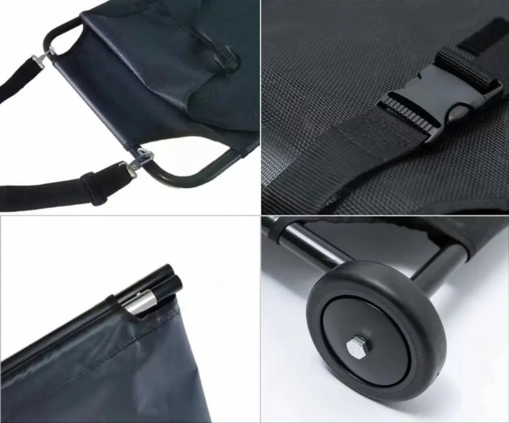 Large black aluminium alloy pet stretcher in folded position for dog emergency transport