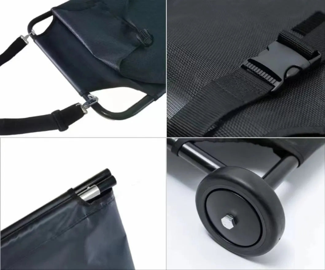 Large black aluminium alloy pet stretcher in folded position for dog emergency transport