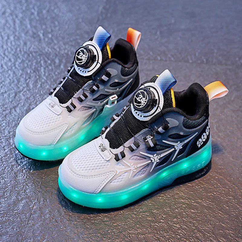 Blue children's roller skating shoes showing flash knob adjustment system and PVC sole