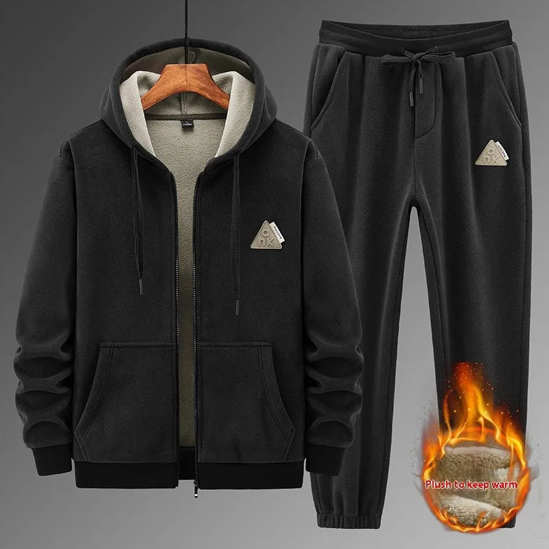 Men's grey cashmere hooded sweater and matching cotton blend pants casual sports suit set