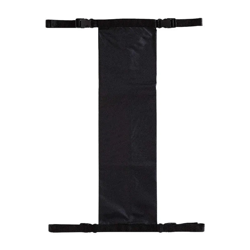 Black cylindrical Oxford cloth pannier bag attached to a wheelchair for oxygen cylinder storage.