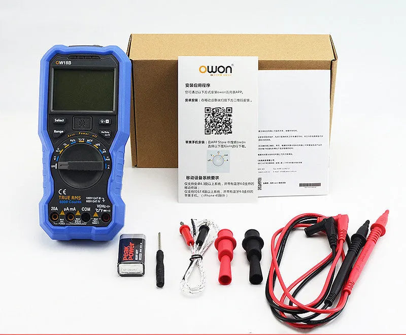 Handheld digital multimeter with display showing readings, test leads, and NCV non-contact voltage detection feature.