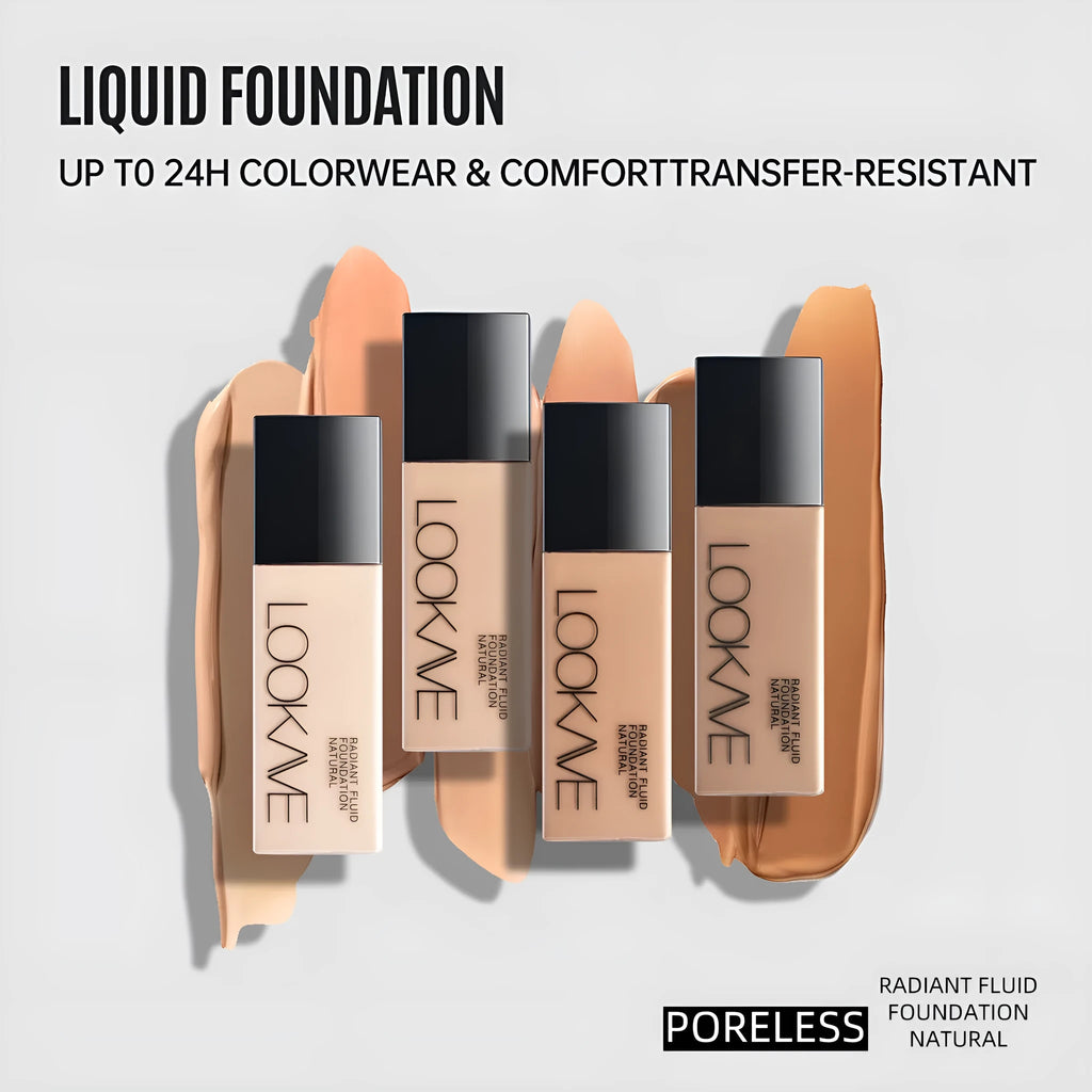LOOKAVE Matte Liquid Foundation bottle in six shade options with waterproof and brightening properties