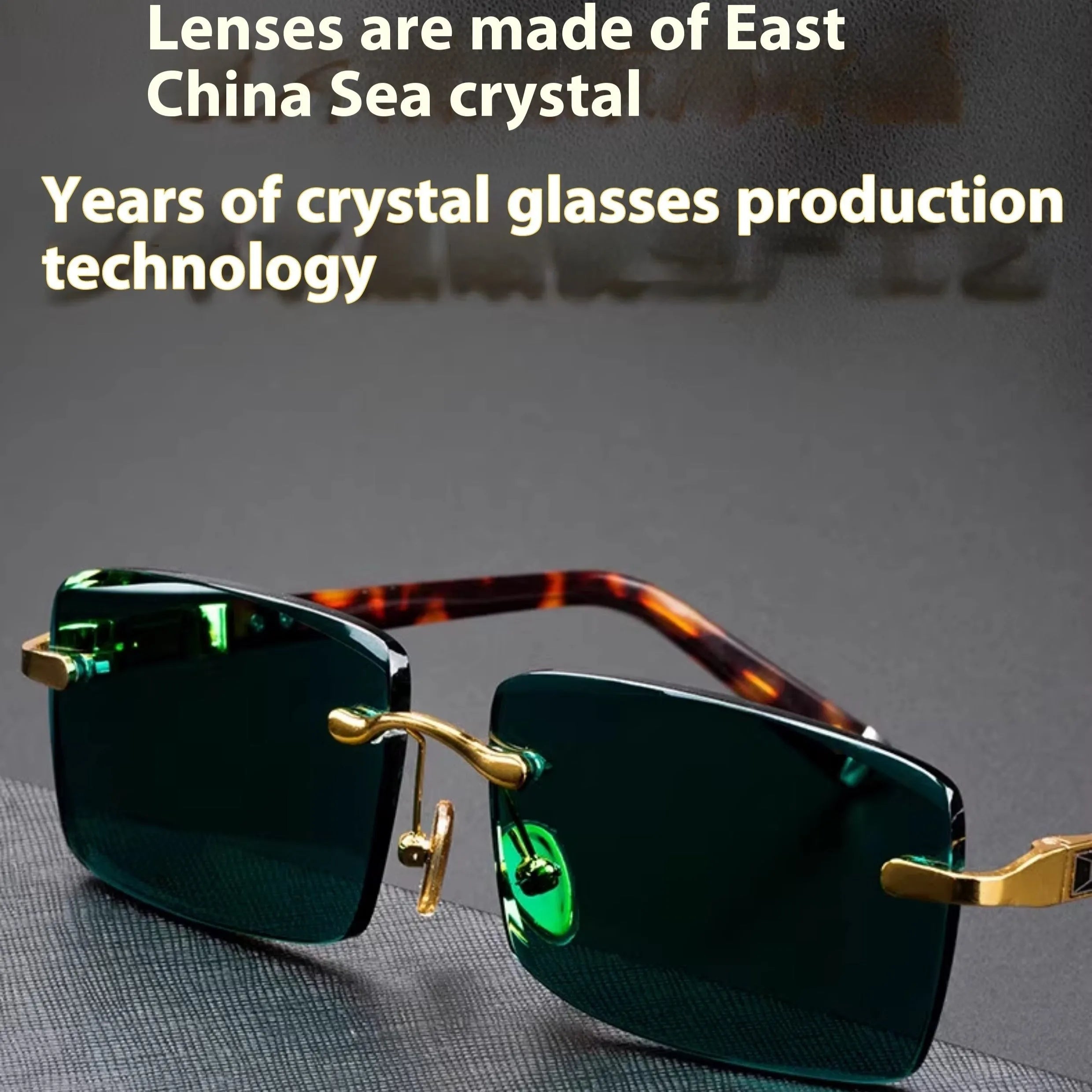 Dark green frameless sunshade glasses with protective case and lens cloth