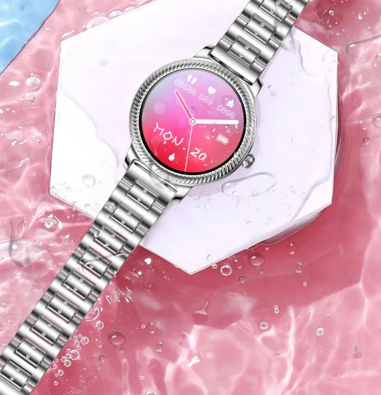 AK38 ladies smart watch with TFT screen and stainless steel Milanese bracelet on wrist