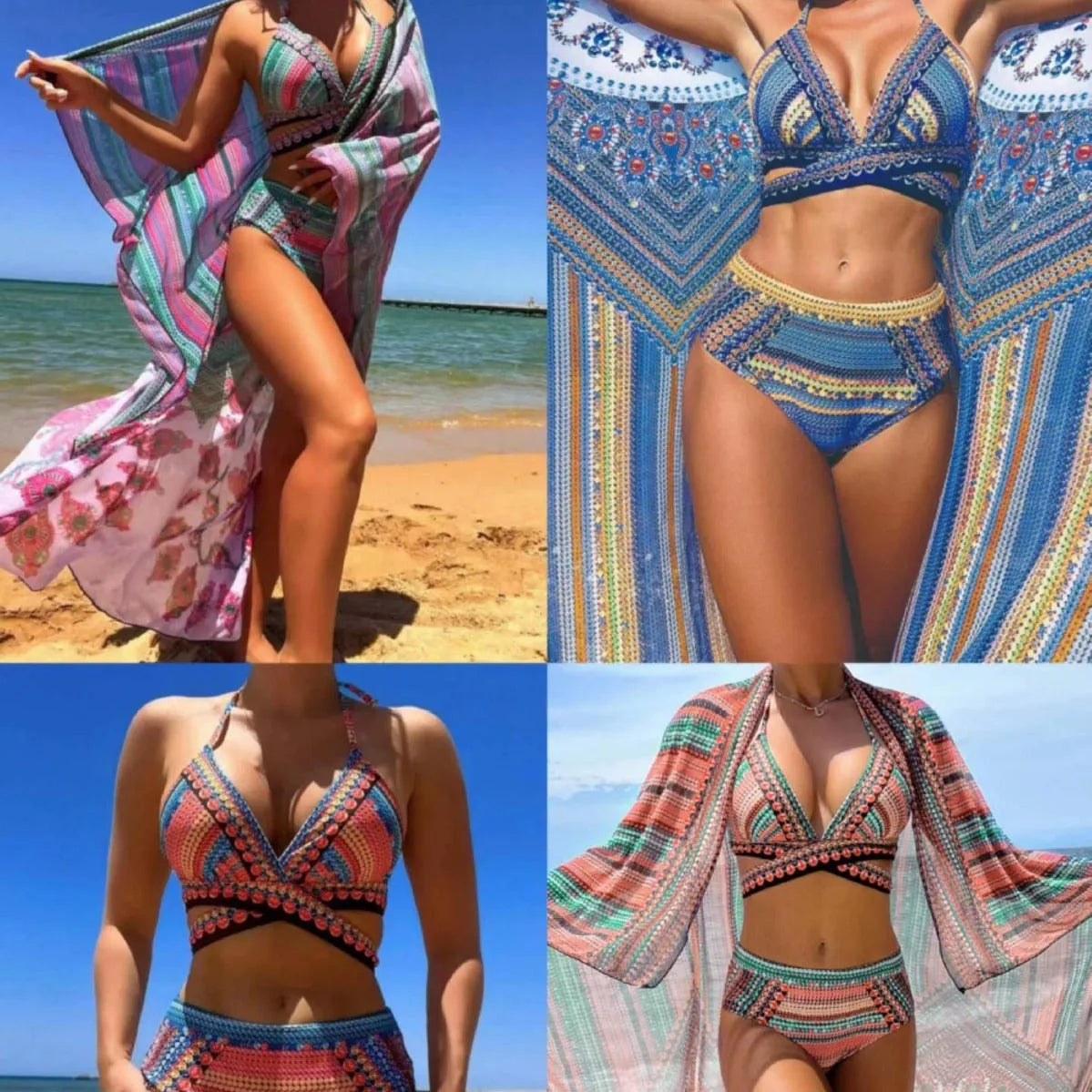 Blue cross bandage bikini swimsuit with high waist briefs and split detail veils