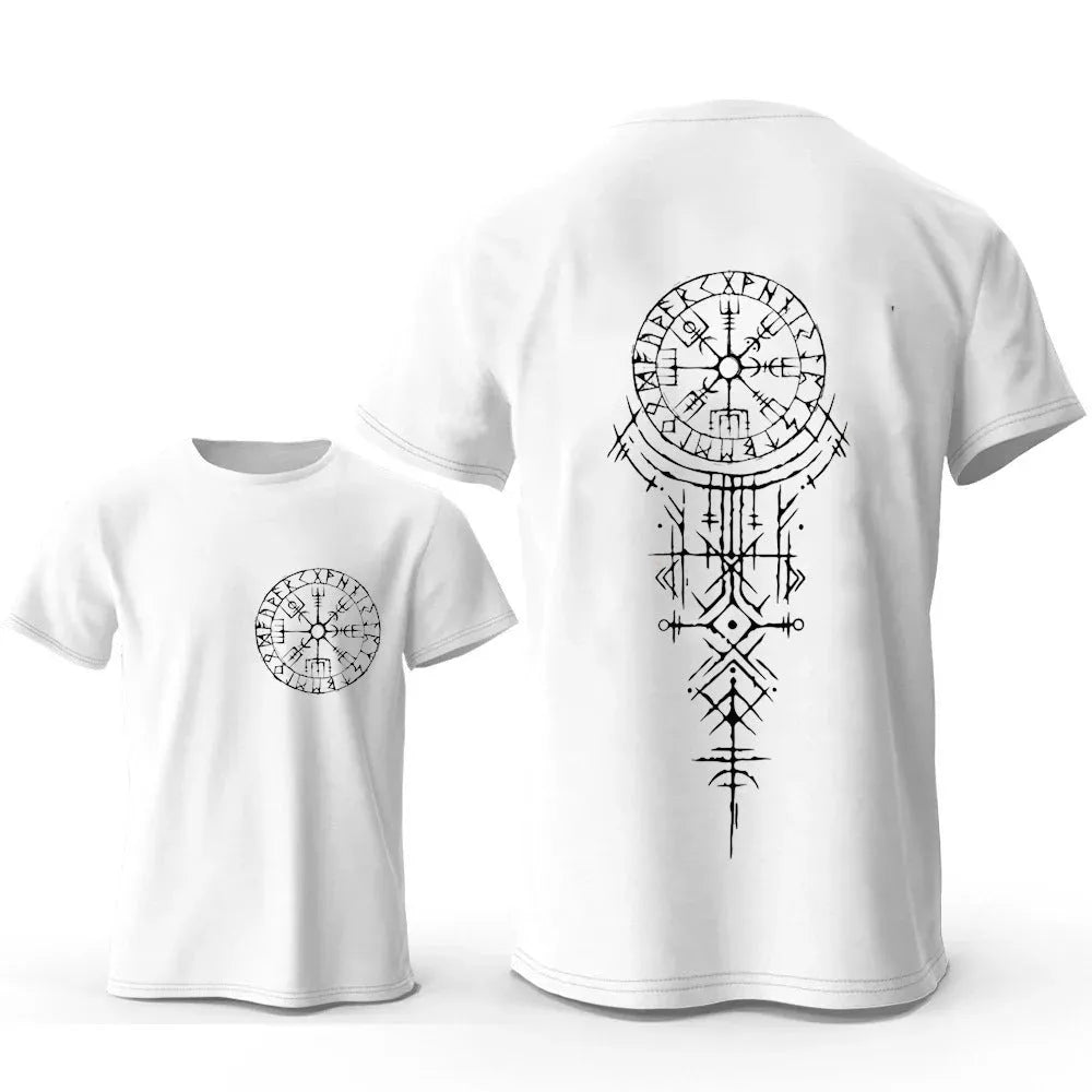 Viking rune compass graphic printed on men's pure cotton t-shirt in multiple colour options