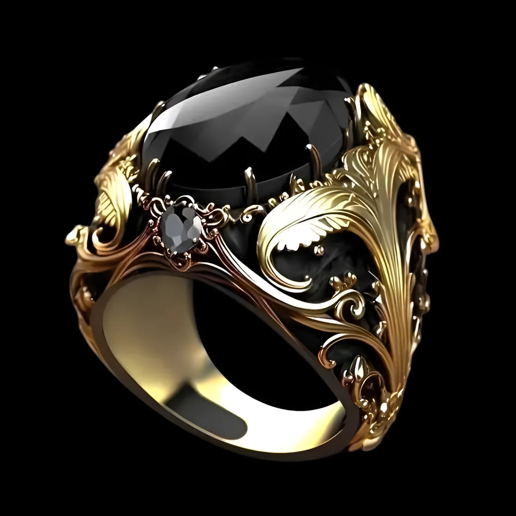 Men's silver geometric wide face ring with imitation ink gem detail on finger.