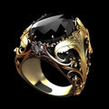 Men's silver geometric wide face ring with imitation ink gem detail on finger.