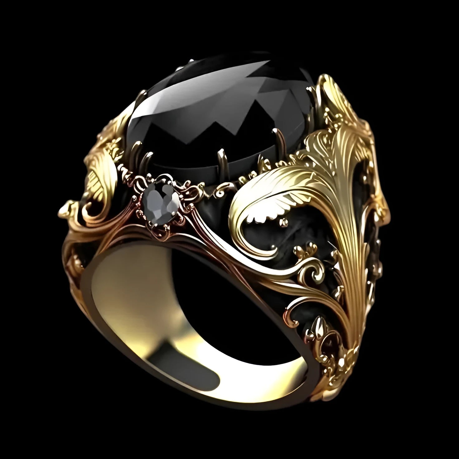 Men's silver geometric wide face ring with imitation ink gem detail on finger.