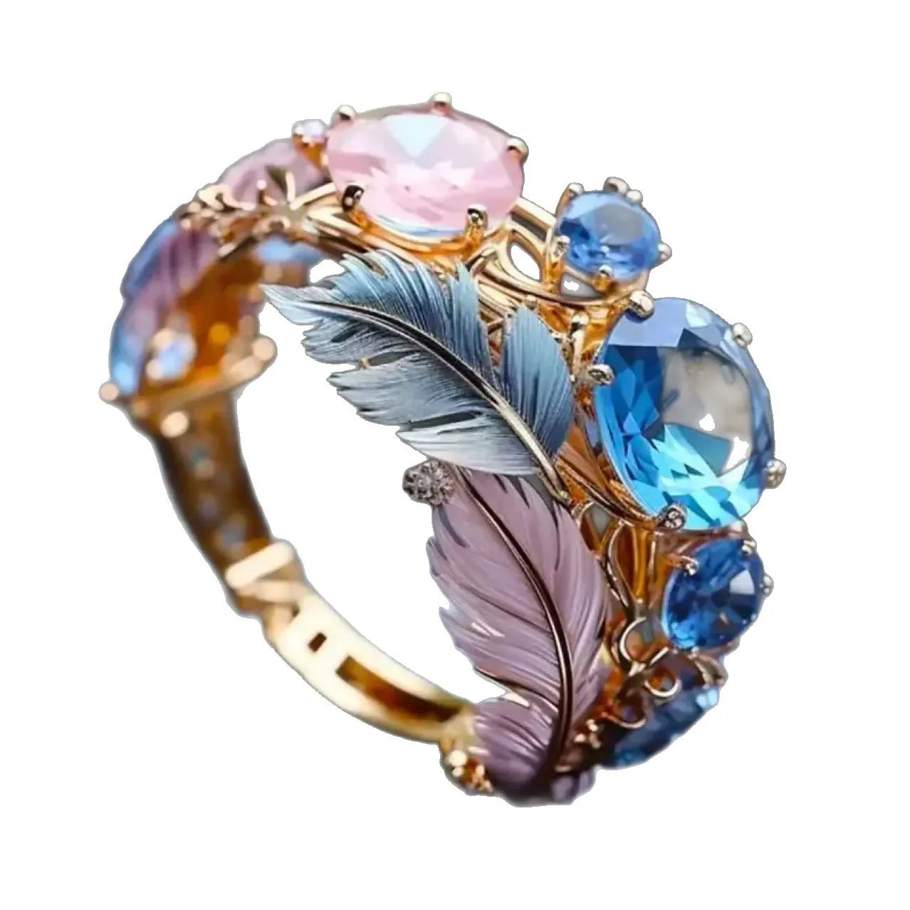 Geometric gold-coloured brass ring with embossed feather pattern and zircon stone inlay.