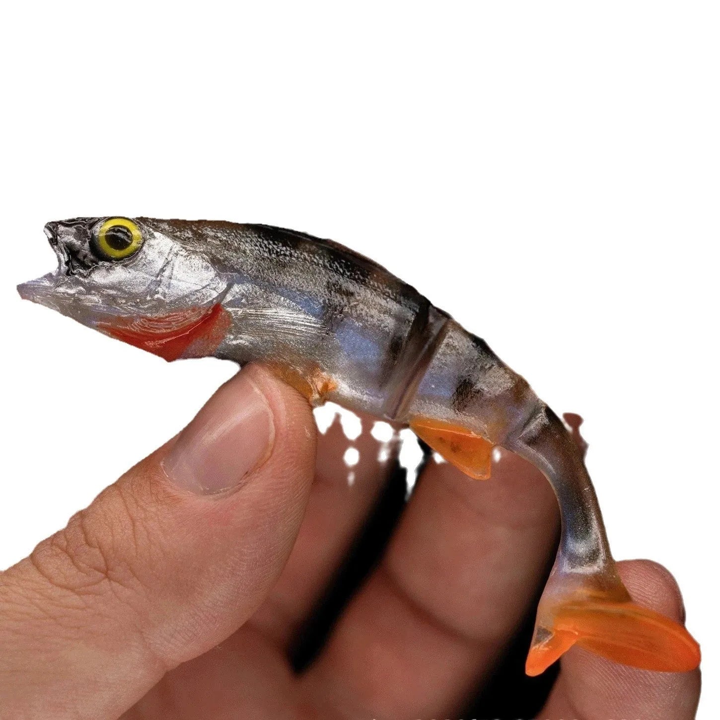 Two soft plastic fishing lures with T-tail design and fish pattern colour scheme