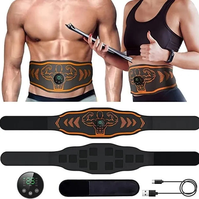 Blue and orange EMS smart massage belts with arm electrode patches and rechargeable host units