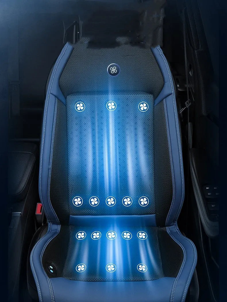 Black car seat cooling pad with minimalist design showing USB power connection