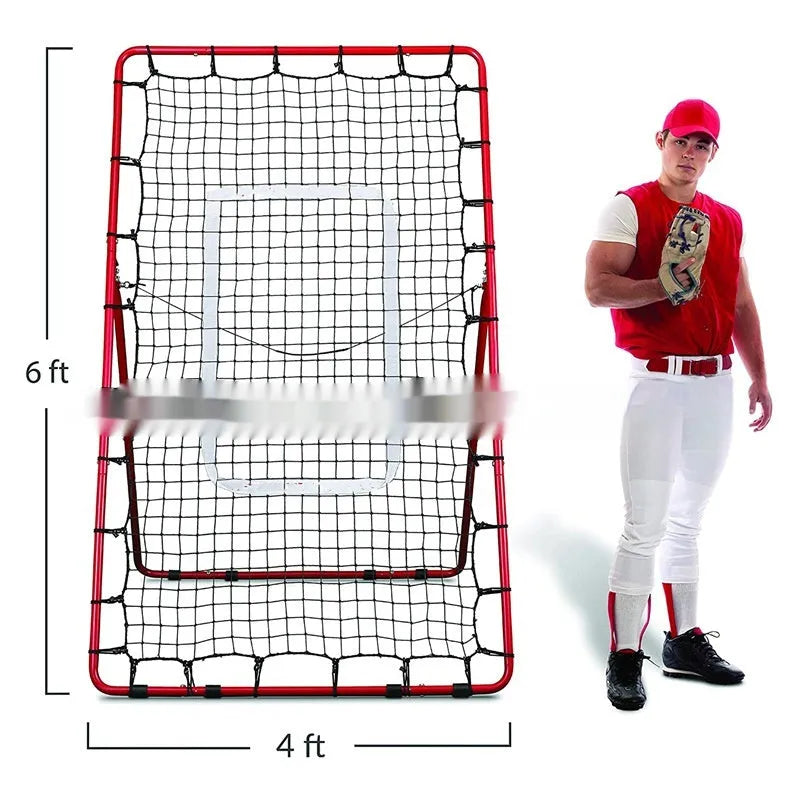 Red portable baseball training net with adjustable metal frame folded for storage