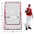 Red portable baseball training net with adjustable metal frame folded for storage