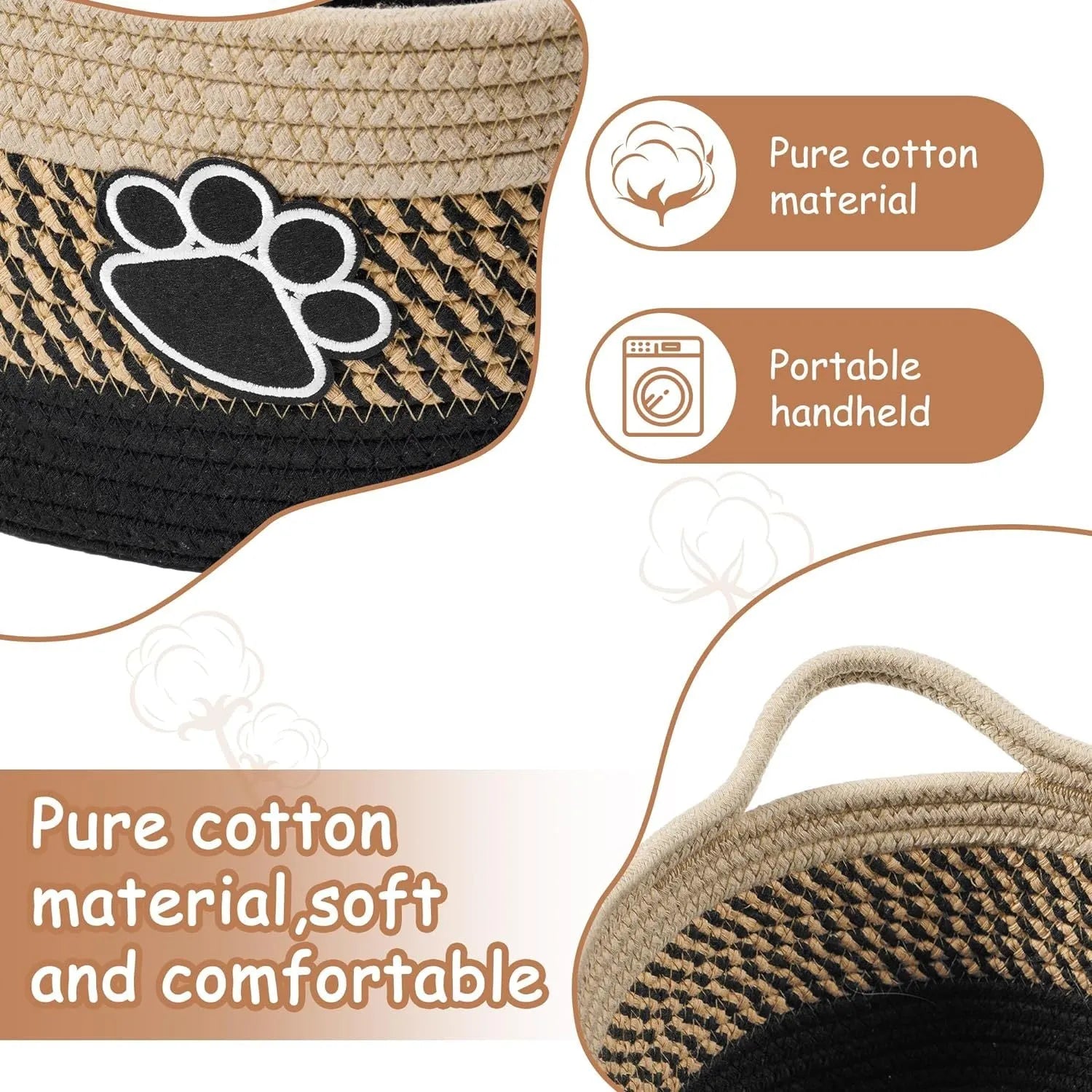 Light beige handmade woven cotton rope storage basket with wooden handle on a table.